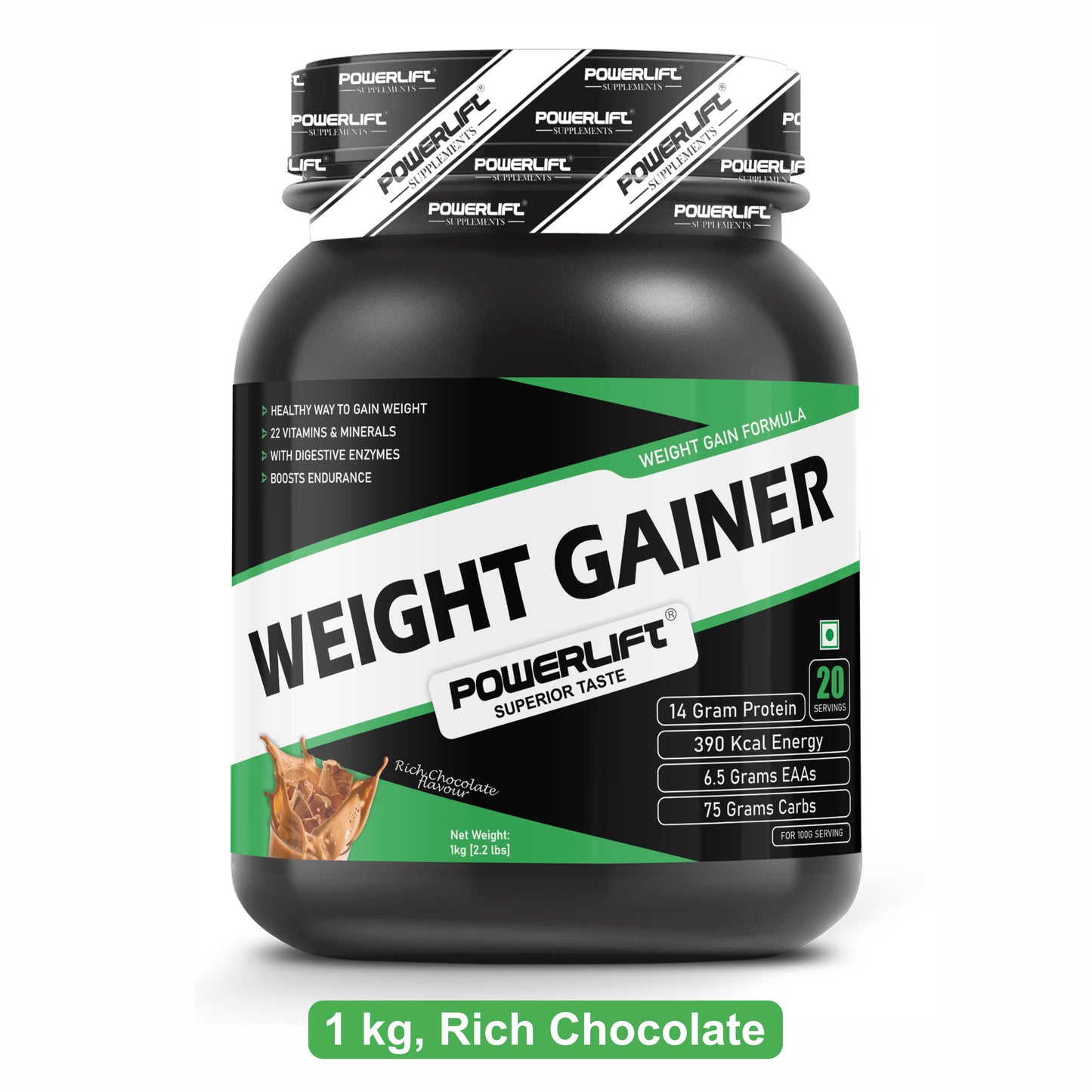 PowerLift Weight Gainer 390K Energy, 75G Carbs| High Protein & High Calorie for Weight Gain Protein Powder | Raw Whey from USA | With Digestive Enzymes, added 22 Multivitamins & Minerals